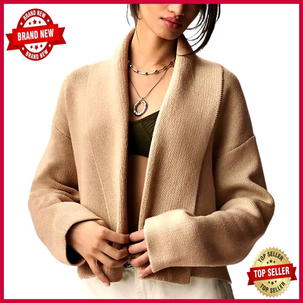 Cropped Cardigan Sweater Oversized Shawl Lapel Open Front Knit Jacket